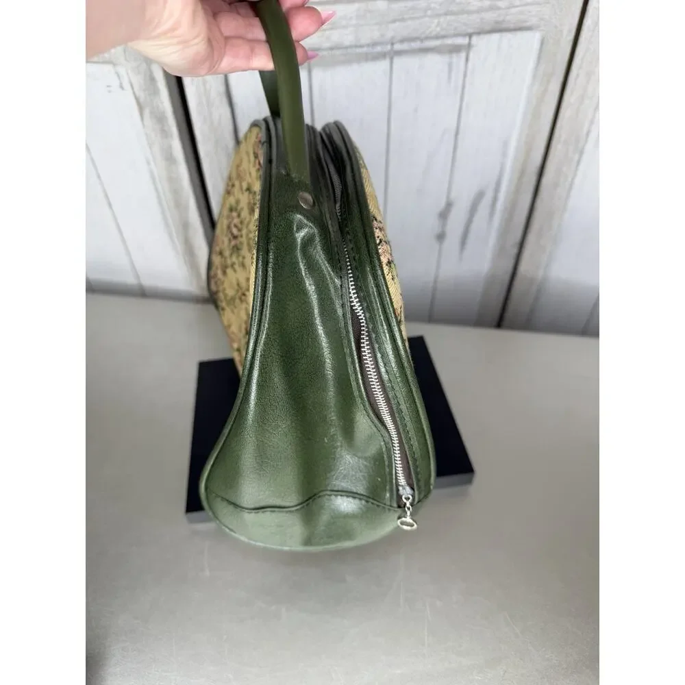 Vintage Tapestry Handbag Floral Petit Point Top Handle Purse 60s-70s Green Vinyl